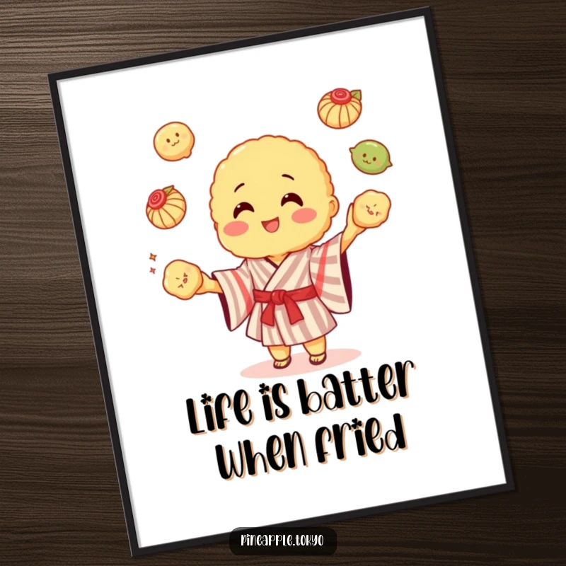 Funny Free Printable Wall Art: Cheerful tempura in a striped kimono juggling colorful dumplings with impressive skill.