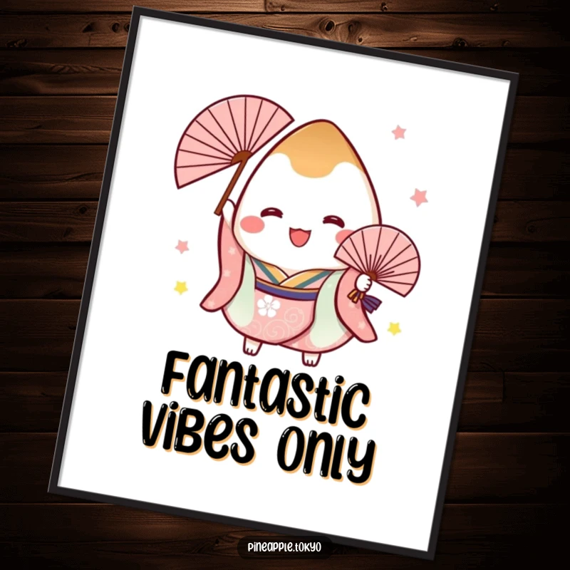 Funny free printable wall art: A cheerful onigiri character in a festive kimono joyfully holds a fan, spreading happiness.
