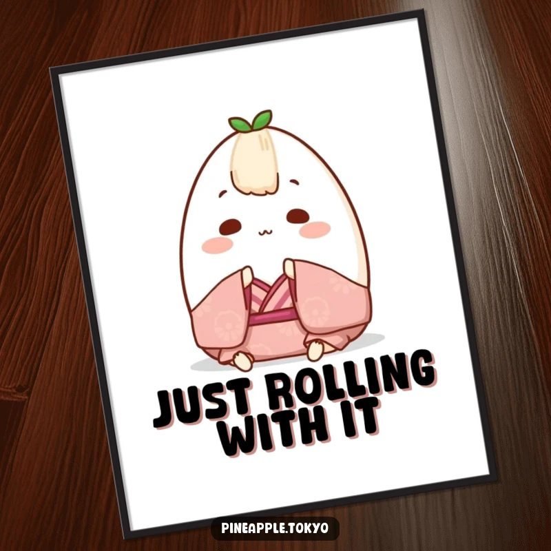 Funny Free Printable Wall Art featuring a small, polite onigiri in a kimono, bowing gracefully in a charming illustration.