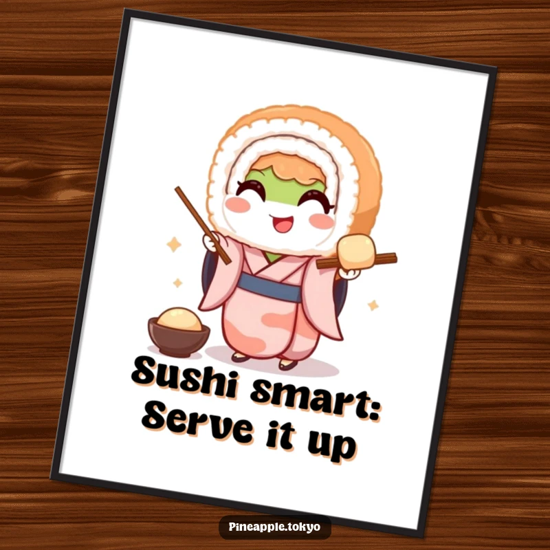 Funny free printable wall art: A smiling sushi roll adorned in a kimono gracefully serves sweet dango, a feast for the eyes.