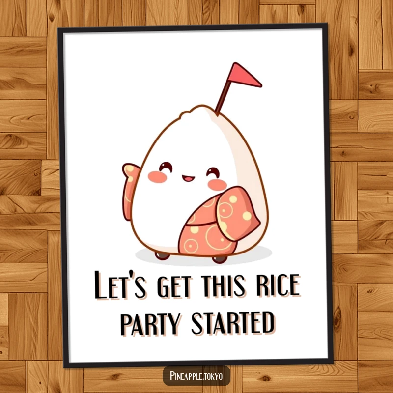 Funny Free Printable Wall Art: Bouncy onigiri in a festive kimono waving a small flag, radiating pure happiness.