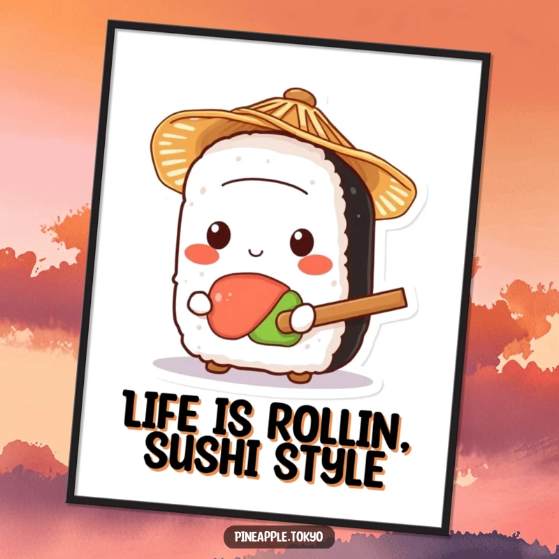 Funny Free Printable Sushi Wall Art: A cute sushi roll sports a small straw hat and holds a tiny rice paddle with glee.