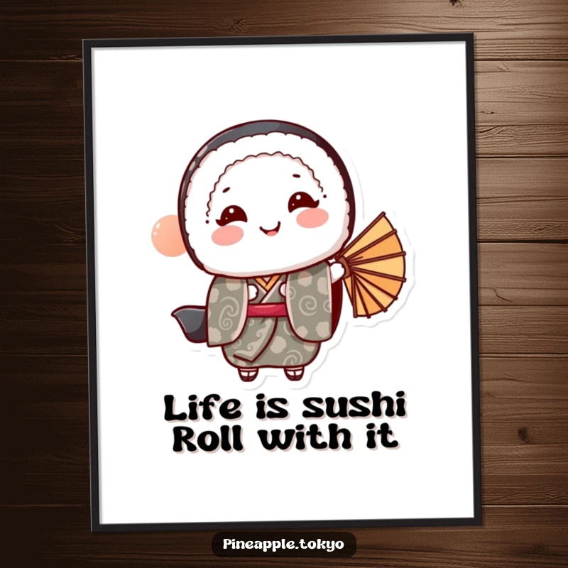 Funny Free Printable Wall Art: Sushi in a patterned kimono bowing gracefully, holding a fan, adding charm to any room.
