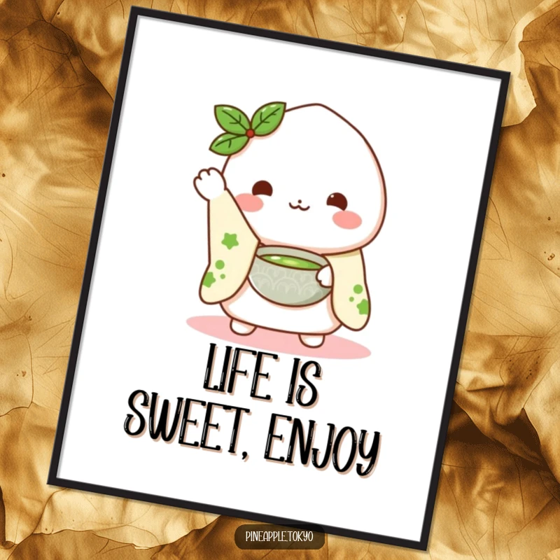Funny Free Printable Wall Art: A cute mochi in a kimono sleeve waves while presenting a matcha bowl with a smile.