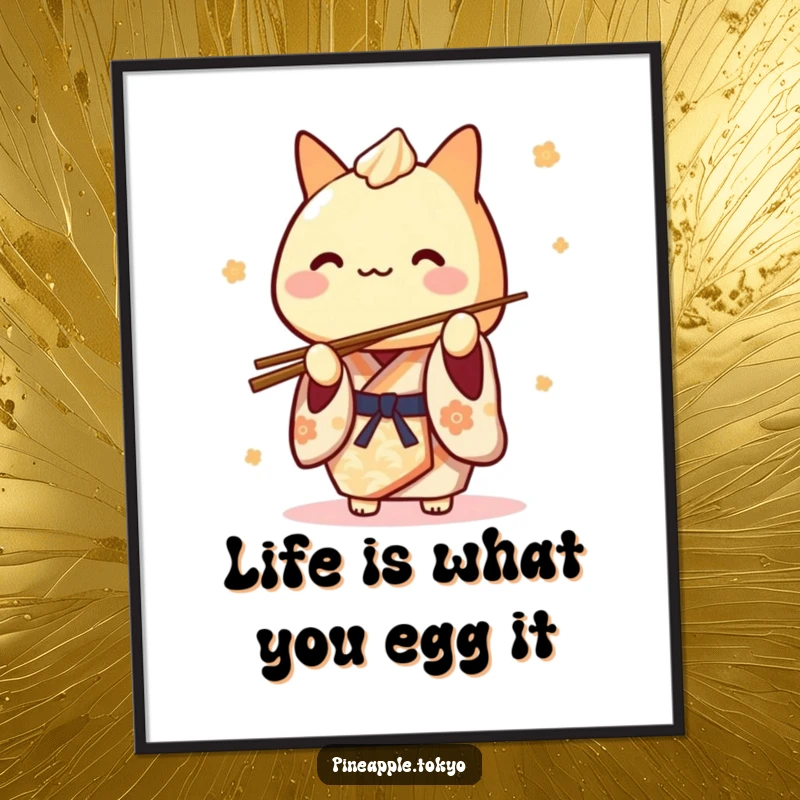 Funny Free Printable Wall Art: A cute tamagoyaki character in a traditional kimono is humorously balancing chopsticks.