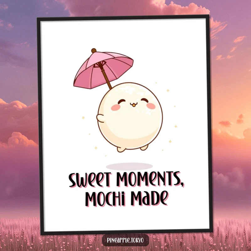 Funny Free Printable Mochi Ball Wall Art: An adorable mochi ball bounces energetically under a tiny, colorful umbrella.