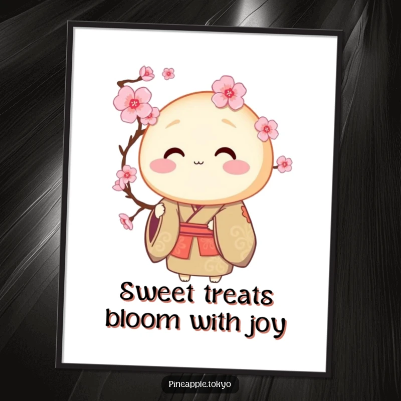 Funny Free Printable Wall Art: Round dorayaki in a ceremonial kimono gracefully offering a delicate blooming cherry blossom.