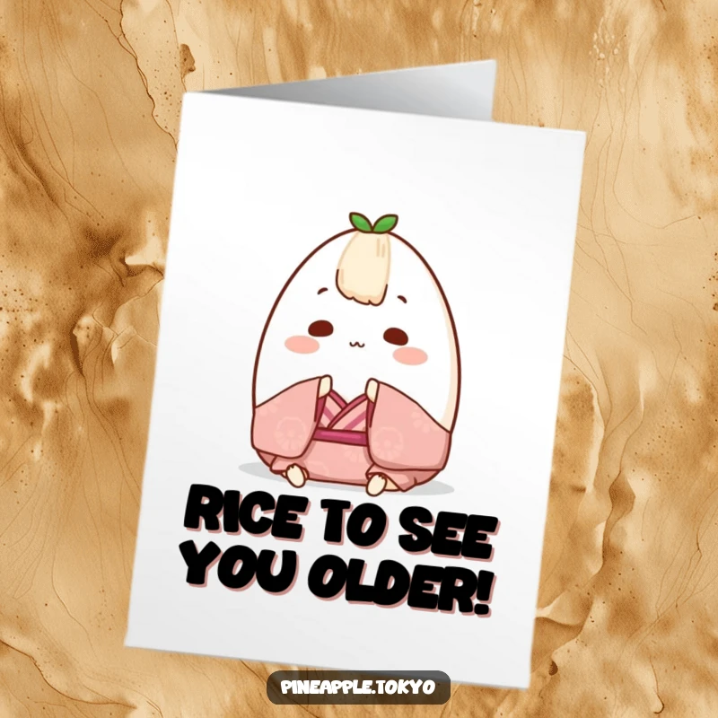 Funny Free Printable Birthday Card featuring a chubby onigiri in a tiny kimono, bowing politely for a birthday wish.