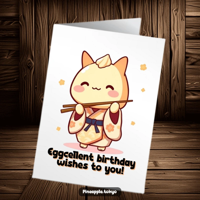 Funny Free Printable Birthday Card: Cute tamagoyaki dressed in a kimono, playfully balancing chopsticks, ready to wish you HB.