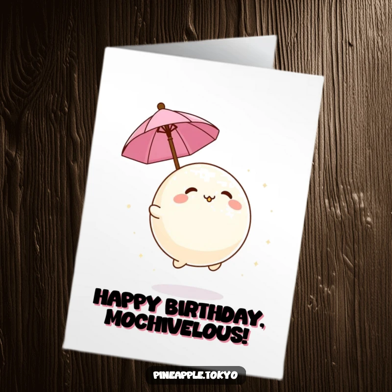 Funny Free Printable Mochi Ball Birthday Card: An adorable mochi ball bounces happily under a tiny umbrella, sending birthday joy.