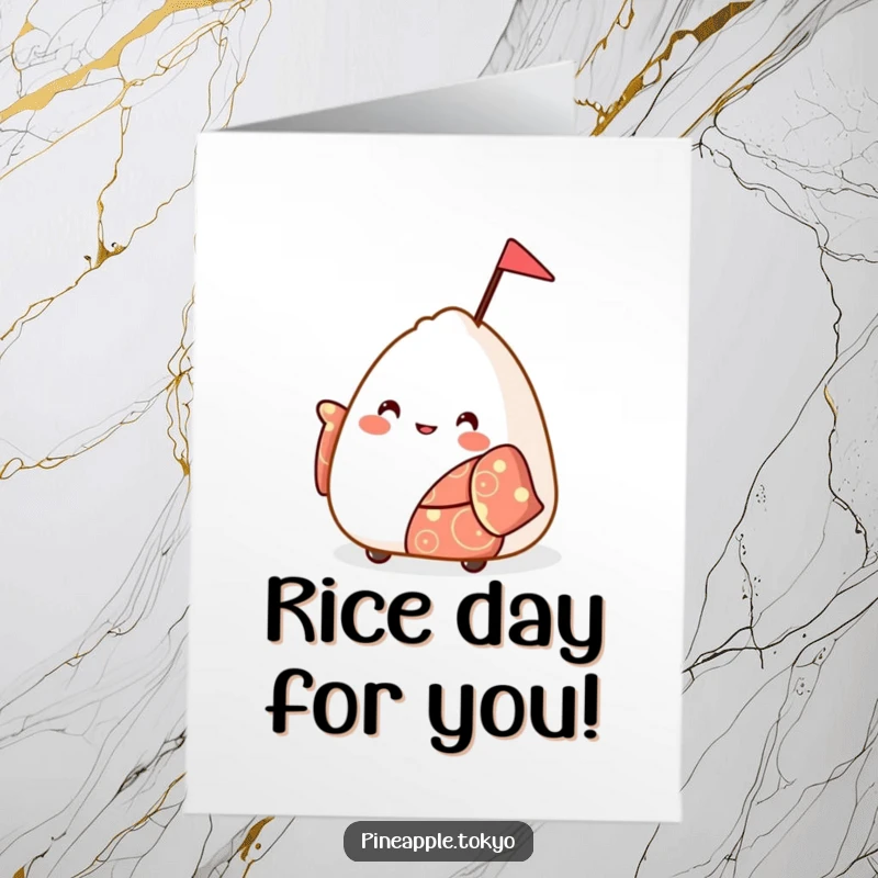 Funny Free Printable Birthday Card: Bouncy onigiri in festive kimono waving a small flag with pure joy and excitement.