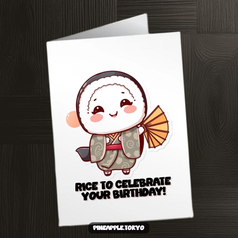 Funny Free Printable Birthday Card: Sushi in kimono bowing gracefully with fan, ready for a happy celebration.