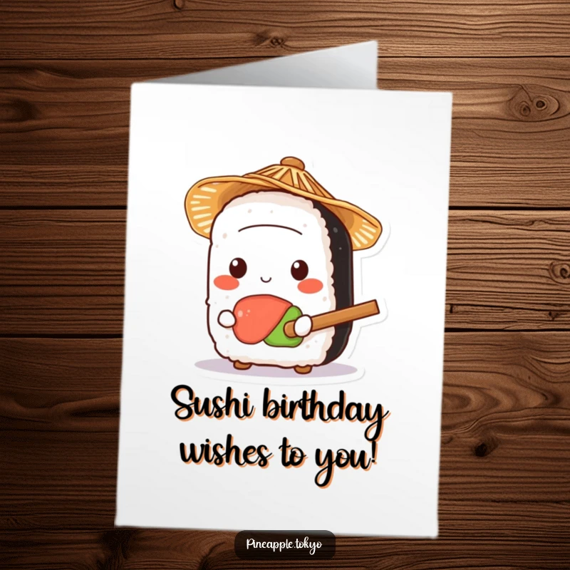 Funny Free Printable Sushi Birthday Card: Cute sushi roll in a straw hat cheerfully holds a tiny rice paddle, wishing happy birthday.