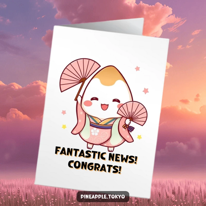 Funny free printable congratulations card: A cheerful onigiri dressed in a festive kimono joyfully clutches a beautiful fan.