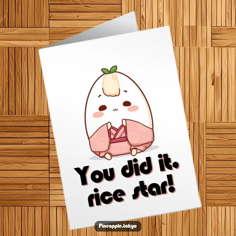 Funny Free Printable Congratulations Card with a charming onigiri in a small kimono, bowing to celebrate achievements.