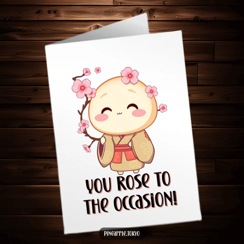 Funny Free Printable Congratulations Card: Dorayaki in ceremonial kimono offering a cherry blossom to mark a special achievement.