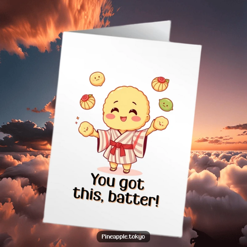 Funny Free Printable Congratulations Card: Tempura in striped kimono energetically juggling dumplings to celebrate success.