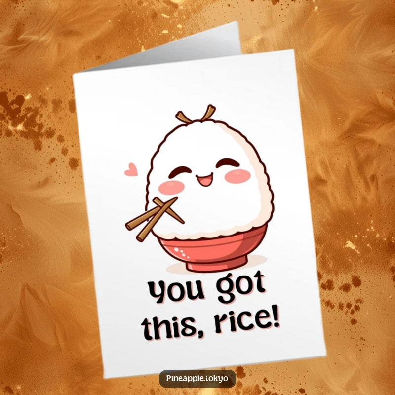 Funny Free Printable Onigiri Congratulations Card: A blushing onigiri with a smile winks, holding chopsticks, celebrating your win.