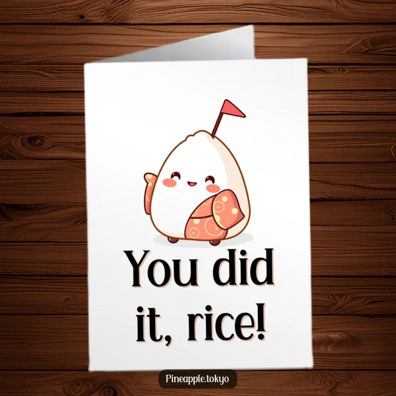 Funny Free Printable Congratulations Card: Onigiri in festive kimono joyfully waving a small flag to celebrate achievements.