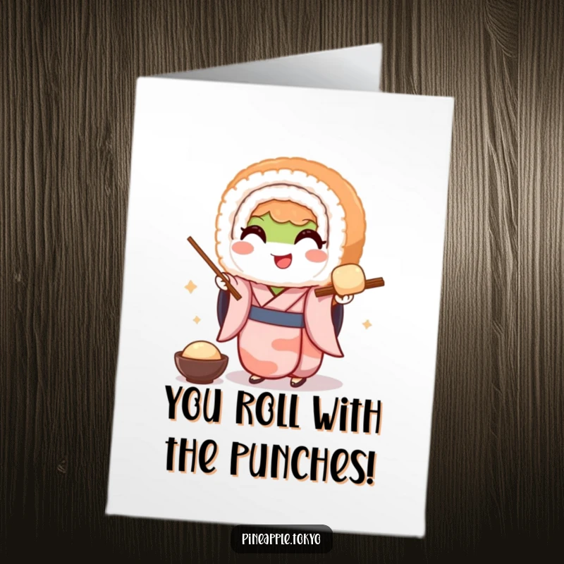 Funny free printable congratulations card: A smiling sushi roll in a miniature kimono gracefully offers a serving of sweet dango.