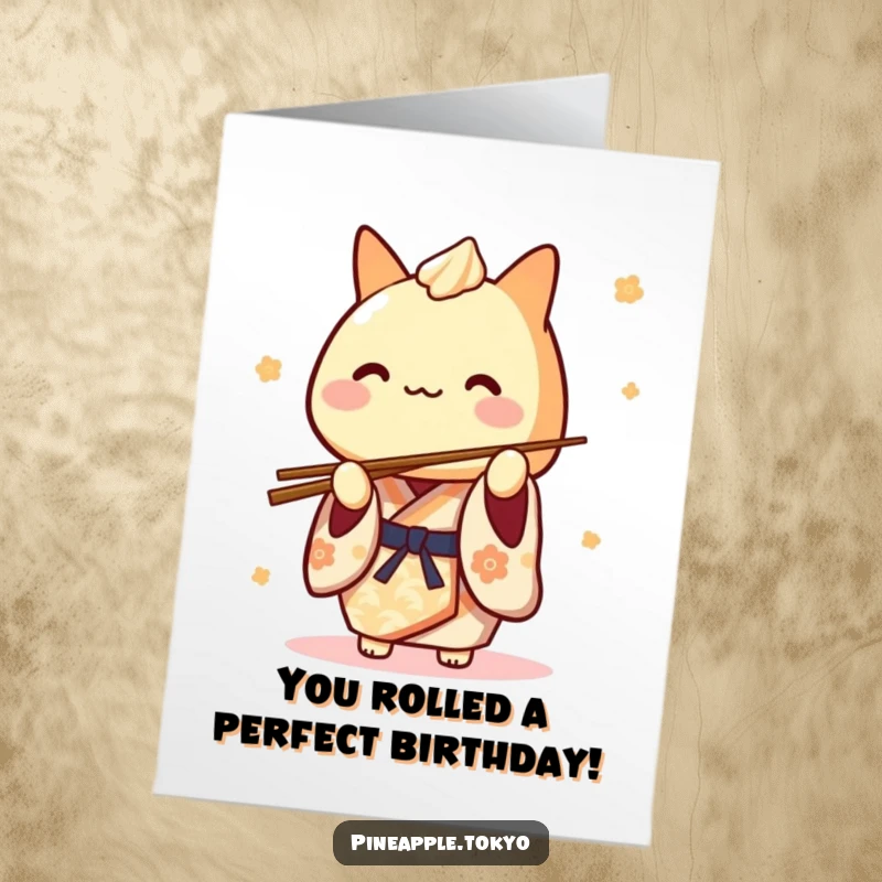 Funny Free Printable Congrats Card: A cute tamagoyaki in a kimono skillfully balances chopsticks, celebrating your win.