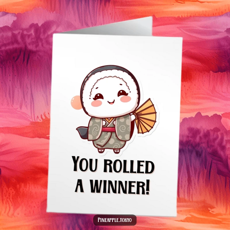 Funny Free Printable Congratulations Card: Smiling sushi in kimono bowing with a fan, offering elegant best wishes.