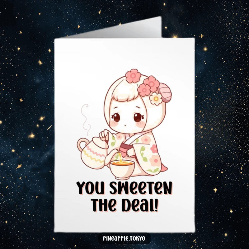 Funny Free Printable Congratulations Card: Mochi in floral kimono delicately pouring tea, celebrating a special achievement.