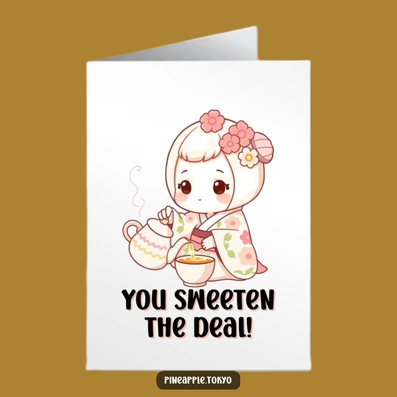 Free Printable Congrats Mochi Card: Funny Floral Kimono Tea Pouring Downloadable Greeting