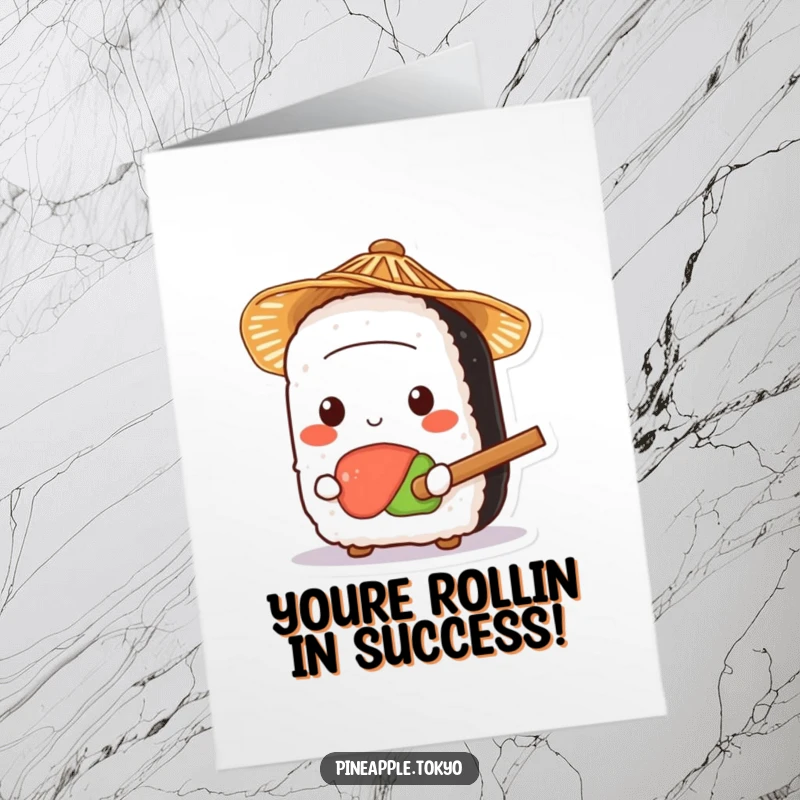 Funny Free Printable Sushi Congratulations Card: A cute sushi roll wearing a straw hat holds a tiny rice paddle, celebrating your victory.