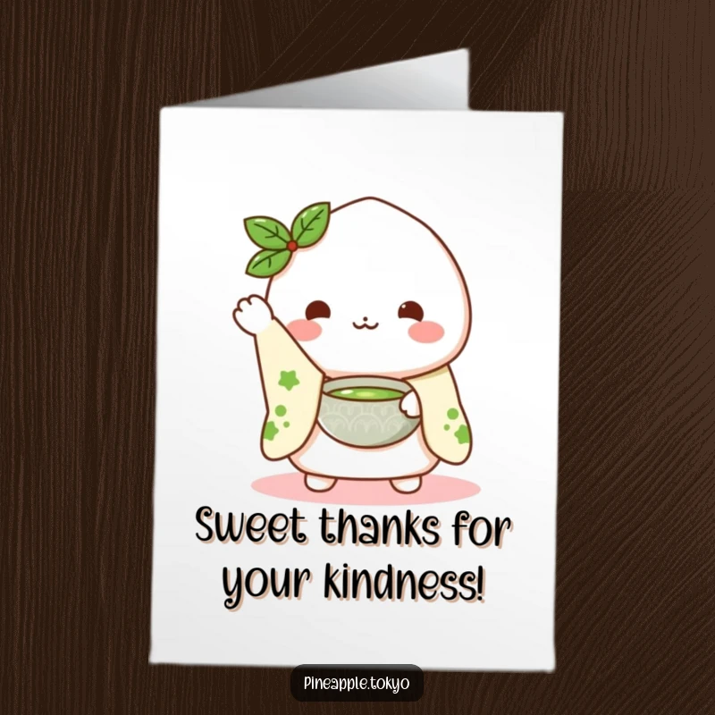 Funny Free Printable Thank You Card: A cheerful mochi character in a kimono sleeve presents a matcha bowl as thanks.