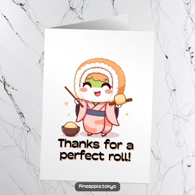 Funny free printable thank you card: A smiling sushi roll wearing a tiny kimono elegantly presents dango, showing appreciation.