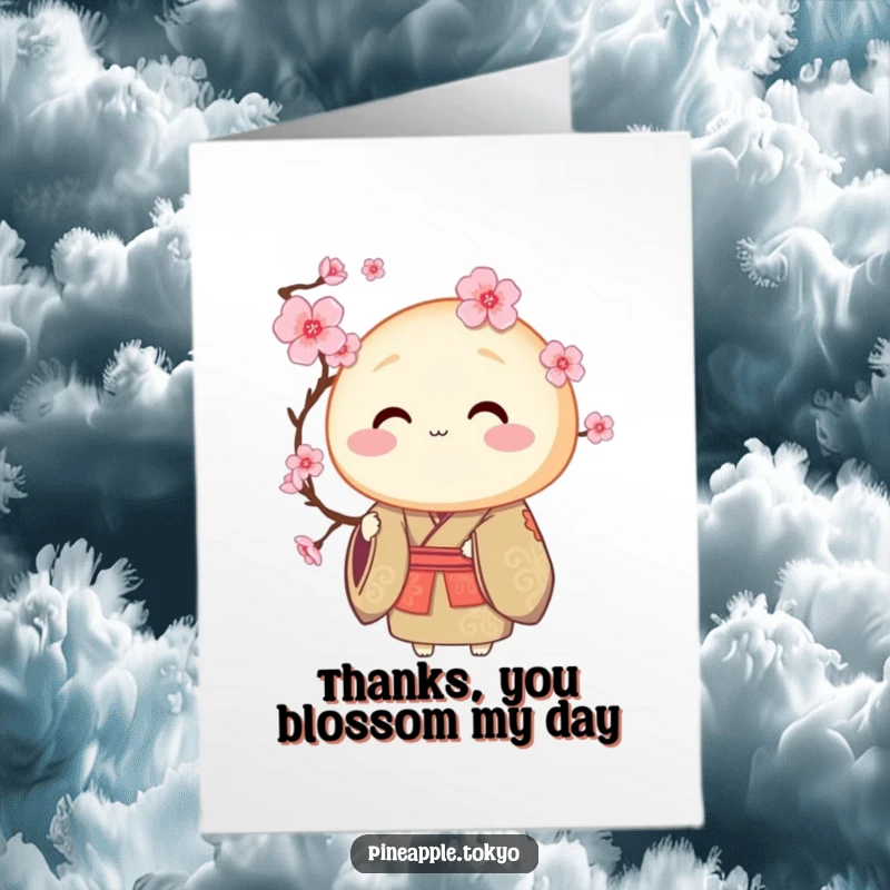 Funny Free Printable Thank You Card: Dorayaki in ceremonial kimono offering a cherry blossom, a symbol of heartfelt thanks.