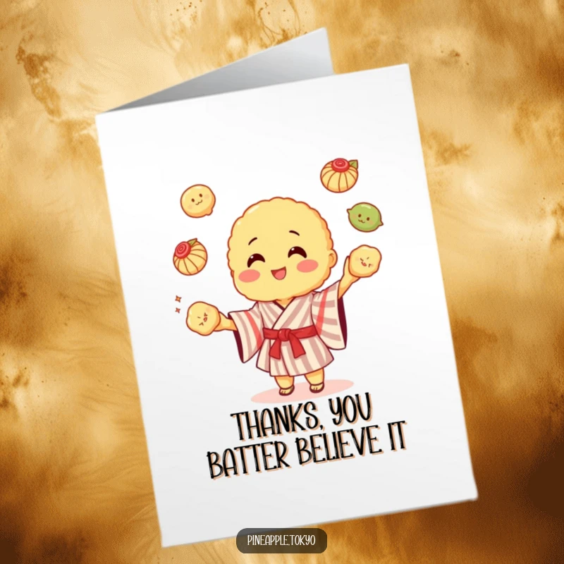 Funny Free Printable Thank You Card: Tempura in striped kimono juggling dumplings, playfully expressing thanks.