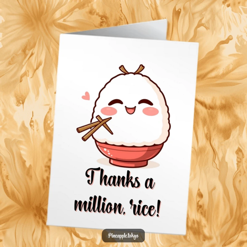 Funny Free Printable Onigiri Thank You Card: A smiling, blushing onigiri winks while holding chopsticks, conveying thanks playfully.