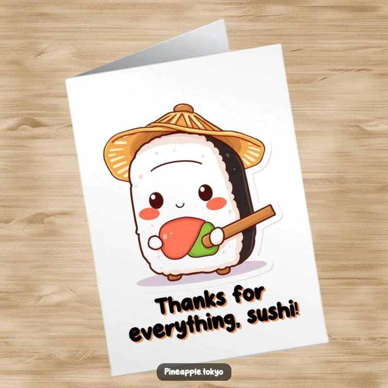 Funny Free Printable Sushi Thank You Card: Cute sushi roll in a straw hat holding a tiny rice paddle, conveying thanks delightfully.
