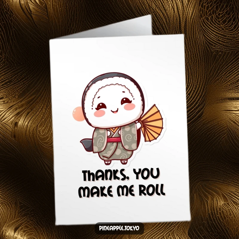 Funny Free Printable Thank You Card: Sushi in kimono bowing politely with a fan, expressing sincere gratitude.