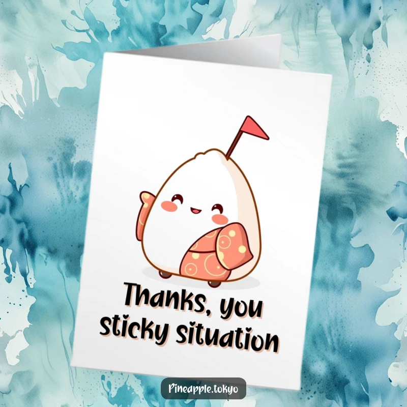 Funny Free Printable Thank You Card: Happy onigiri in a festive kimono waving a tiny flag to show appreciation.
