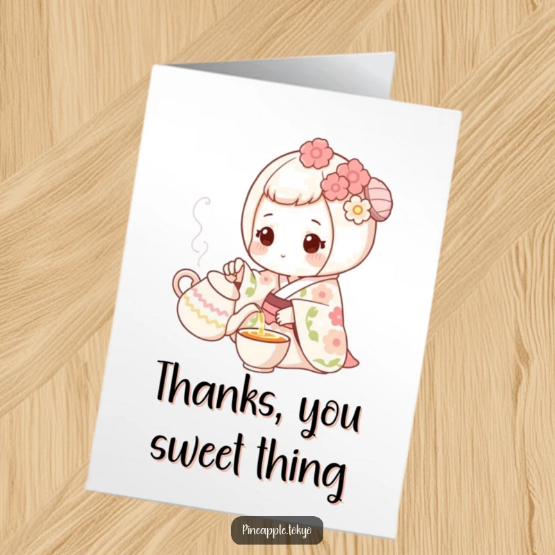 Funny Free Printable Thank You Card: Sweet mochi in floral kimono pouring tea, offering a moment of calm gratitude.