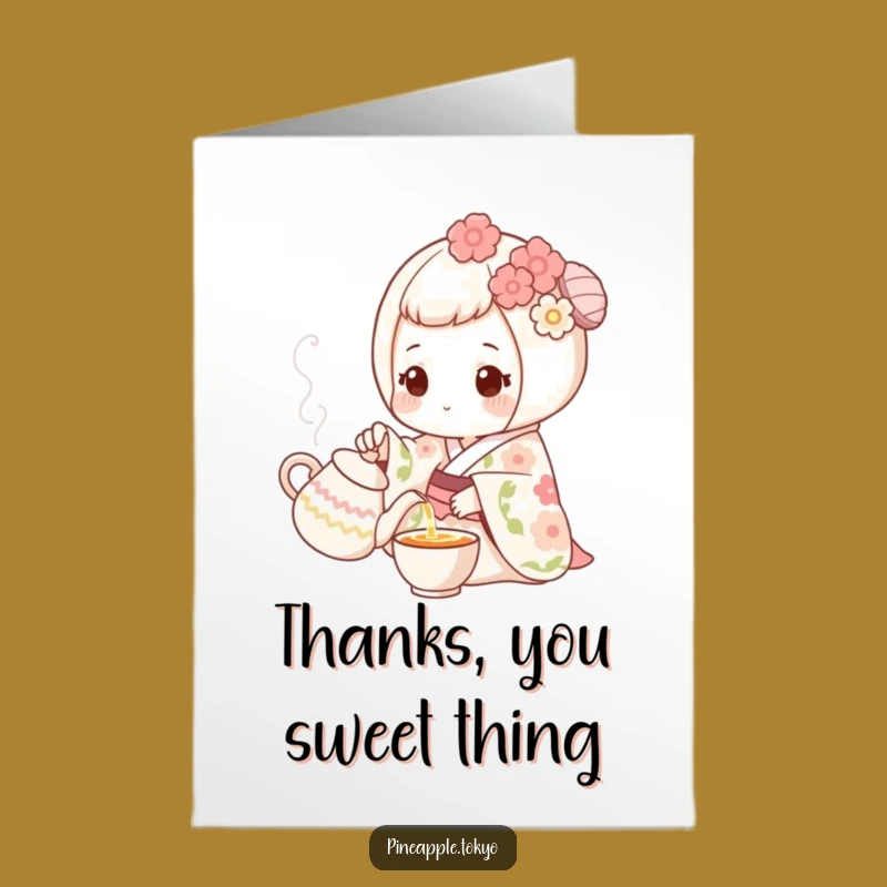 Free Printable Thank You Mochi Card: Funny Floral Kimono Tea Pouring Downloadable Greeting