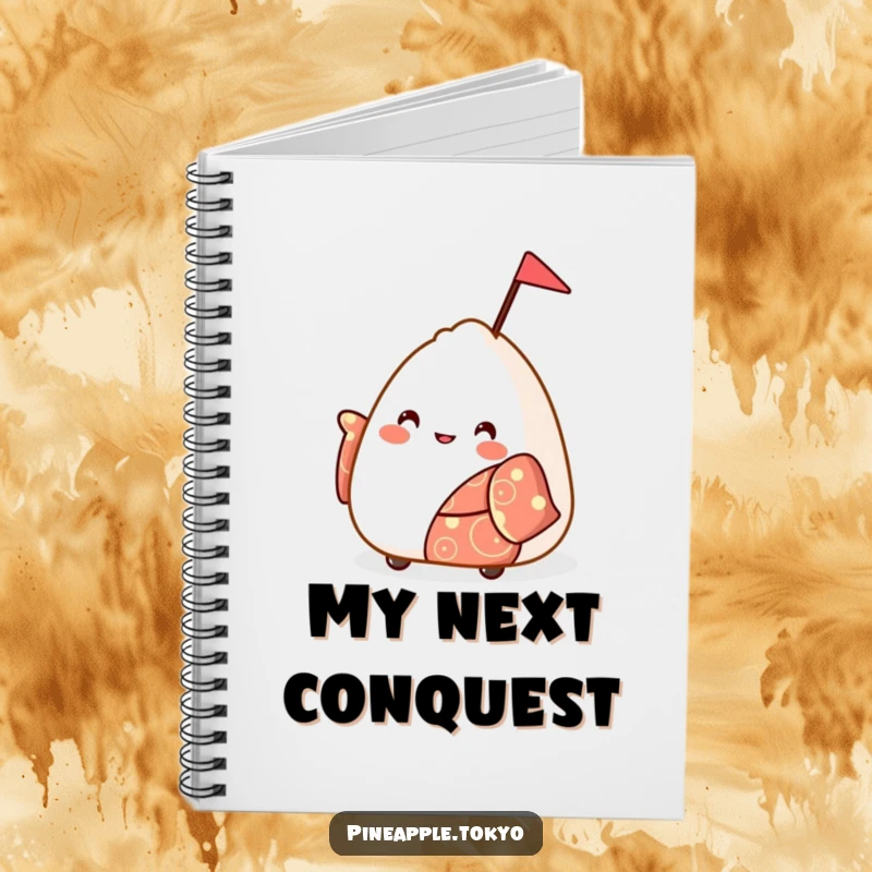 Funny bouncy onigiri in a festive kimono waving a small flag, on a fun funny notebook.