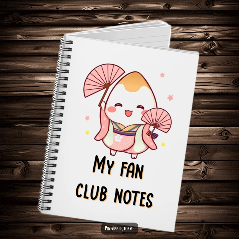 Funny notebook cover with a cheerful onigiri in a festive kimono holding a fan, ideal for notes and cheerful planning.