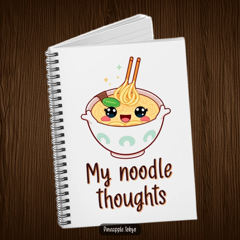 Funny kawaii ramen bowl with happy eyes, gesturing enthusiastically, on a humorous notebook cover.