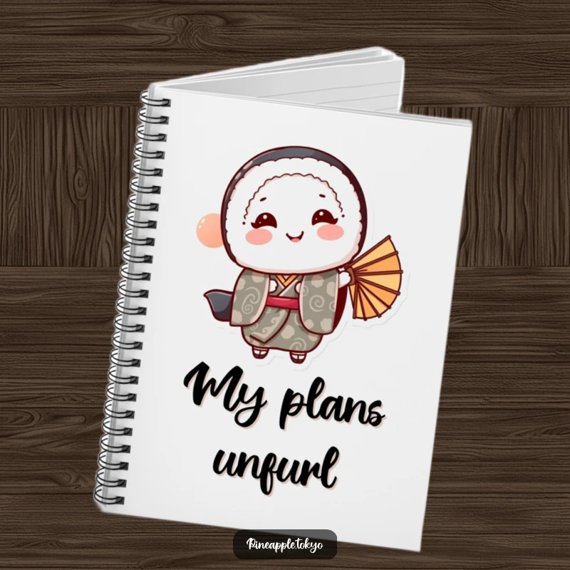 Funny sushi roll in a patterned kimono bowing gracefully, holding a fan, on a funny notebook.
