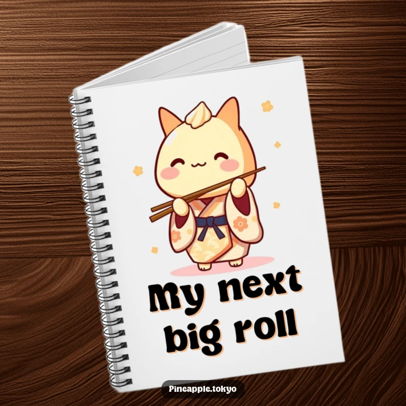 Funny Tamagoyaki Kimono Notebook: a cute Japanese rolled omelet character in a kimono playfully balancing chopsticks, open for writing.