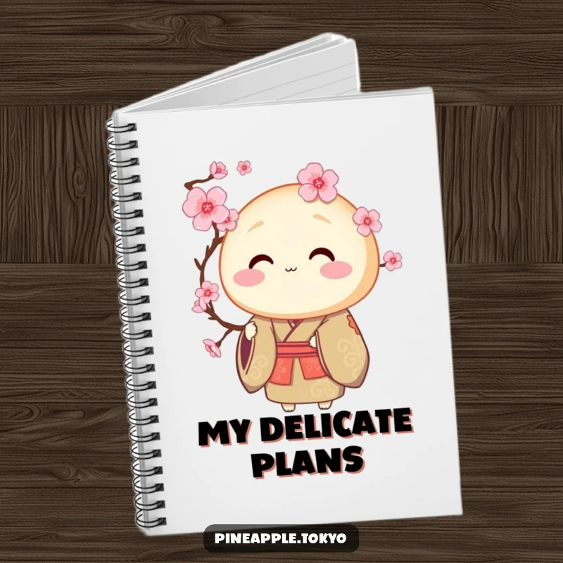 Funny round dorayaki in a ceremonial kimono offering a blooming cherry blossom, on a serene funny notebook.