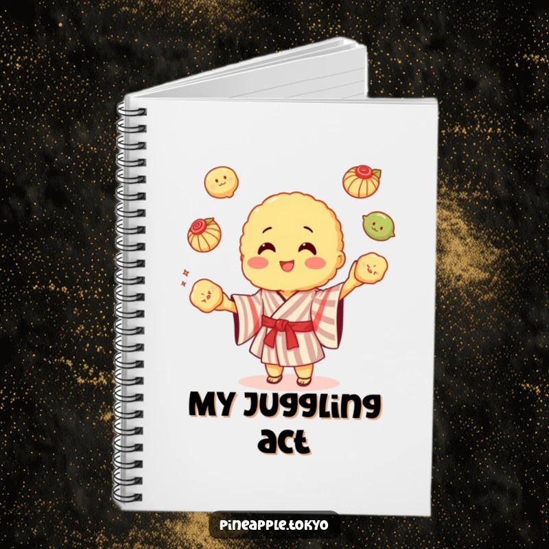Funny cheerful tempura in a striped kimono juggling colorful dumplings, on a vibrant funny notebook.