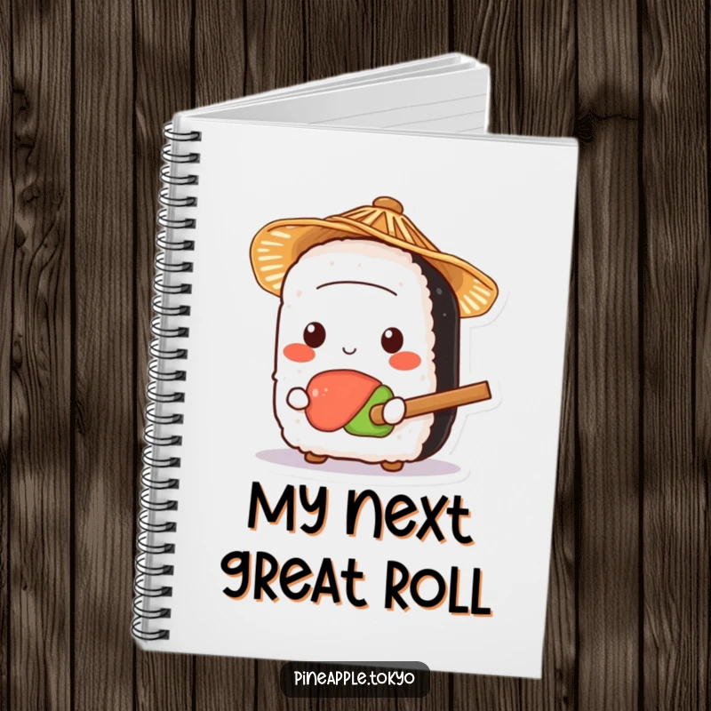 Funny cute sushi wearing a tiny straw hat, holding a small rice paddle, on a humorous notebook cover.
