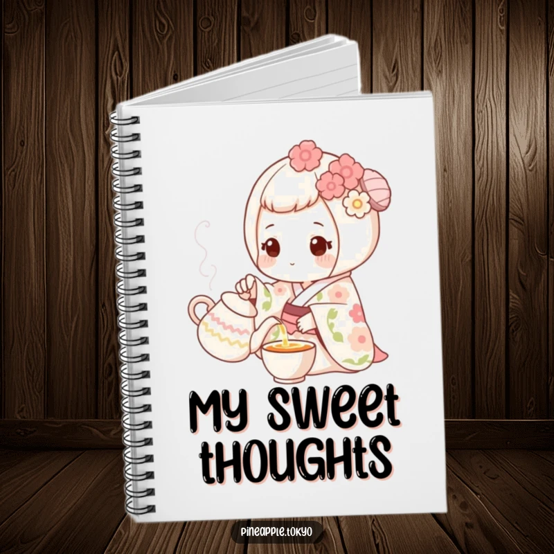 Funny sweet mochi in a floral kimono pouring tea, on a serene funny notebook.