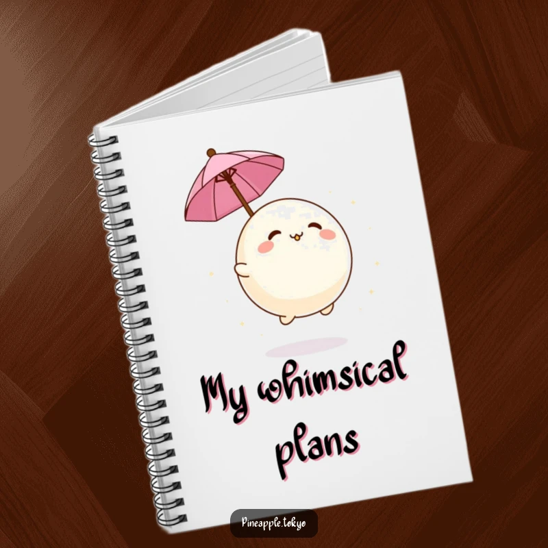 Funny adorable mochi ball bouncing playfully with a tiny umbrella on a humorous notebook cover.