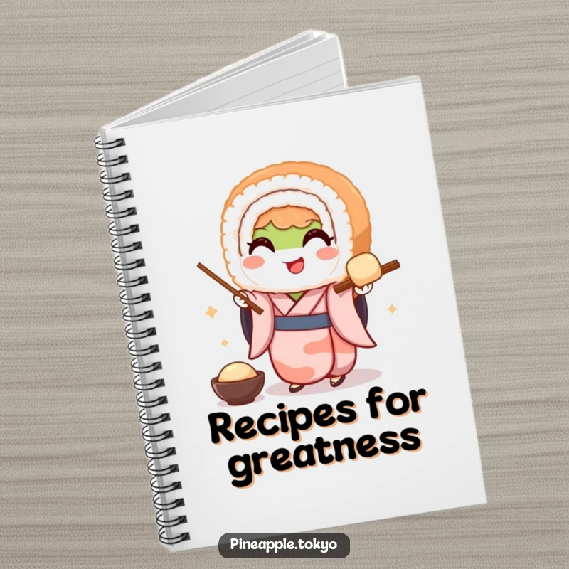 Funny notebook cover with a smiling sushi roll in a kimono gracefully serving dango, ideal for recipes and culinary notes.